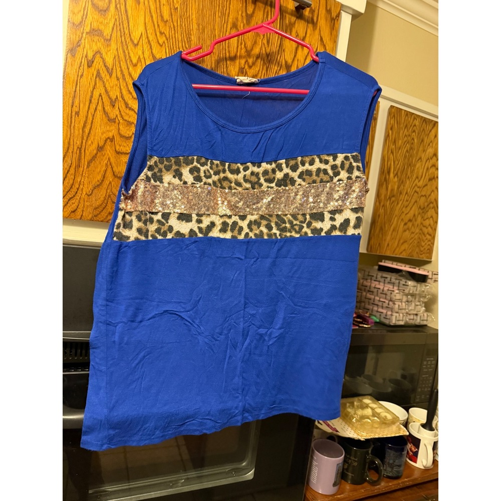 BiBi Royal Blue‎ Leopard Print Sequin Stripe Sleeveless Tank Top Large BT1469